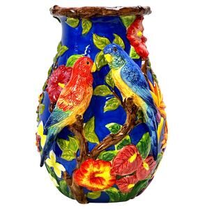 Signature Home Collection 'Bird' Parrots Vibrant Majolica 14.5" Ceramic Art Vase